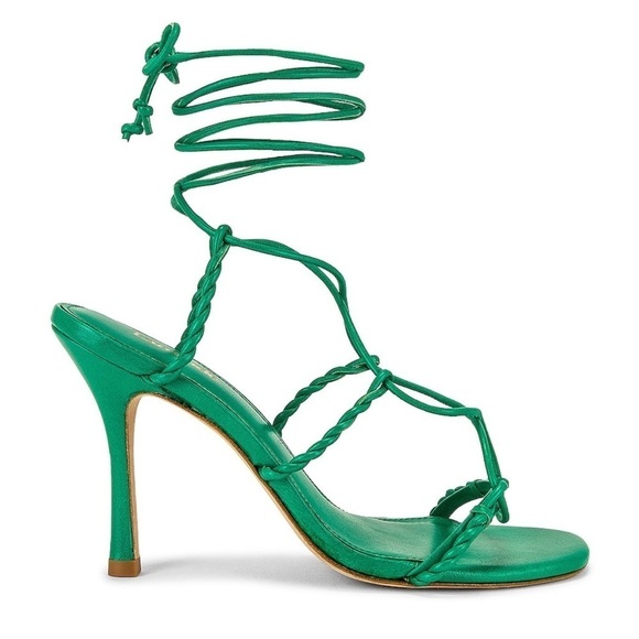 NWB Larroude Kiki Ankle Wrap Stiletto Heels Sandals in Napa Green Leather, Sz 8 - Picture 1 of 12